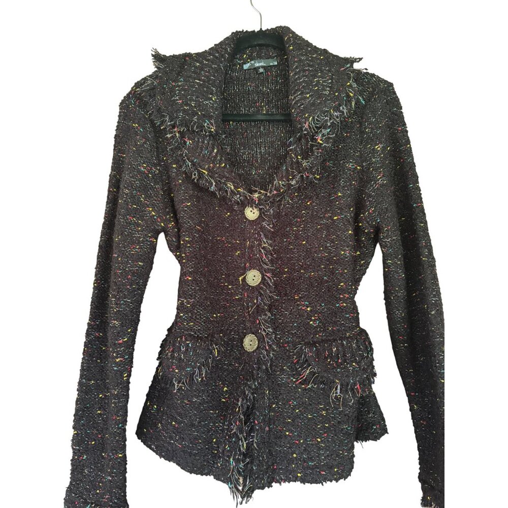 Sioni Womens Black Speckled Tweed Button-Up Cardigan Jacket With Fringe Details